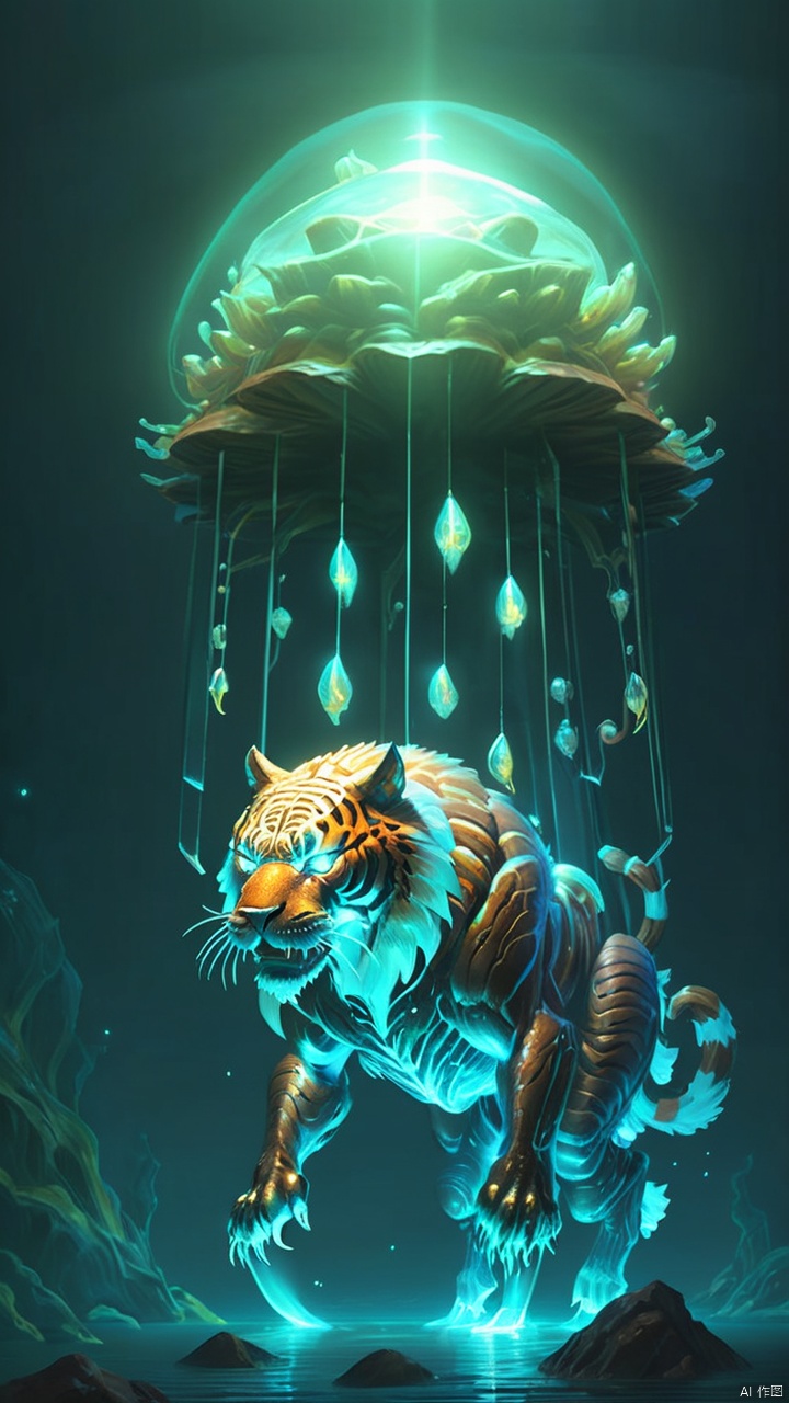 (a giant fantasy ([stool|tiger]) creature), supernatural energy, glowing, small and transparent, releasing a shimmering light, like an underwater light