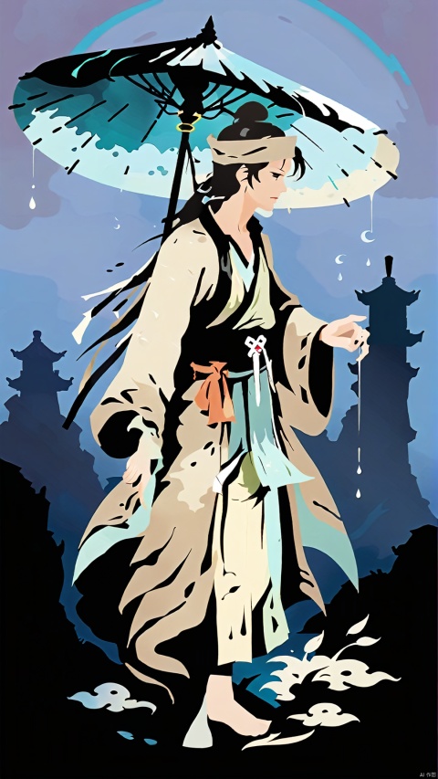 (Ancient Style Illustration Character Design) Design Silhouette and Mysterious Ancient Style Beauty Fusion (Simplified Silhouette Poster Style) In the poster, the silhouette of a walker in the ancient style looks unique. He is dressed in a flowing robe, the corners of which flutter with the rainy night breeze. The walker holds a long staff with an ancient charm embedded in the top of the staff. Raindrops leave delicate water marks on the walker's turban, outlining his upright face, which is shaped like a square melon face.