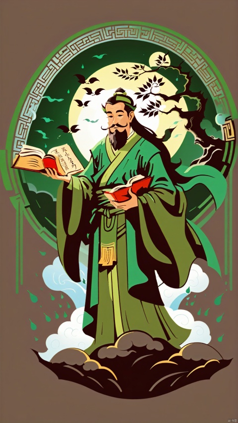 (Ancient Style Illustration Character Design) In the picture, the silhouette of an ancient style scholar reveals the elegance of the literati. Dressed in a green shirt, the scholar is chanting in the rainy night, holding a scholar's treasures. The rain forms smooth lines on the scholar's ink text, depicting his calm demeanour. The scholar's face has an oval shape, revealing a scholarly elegance