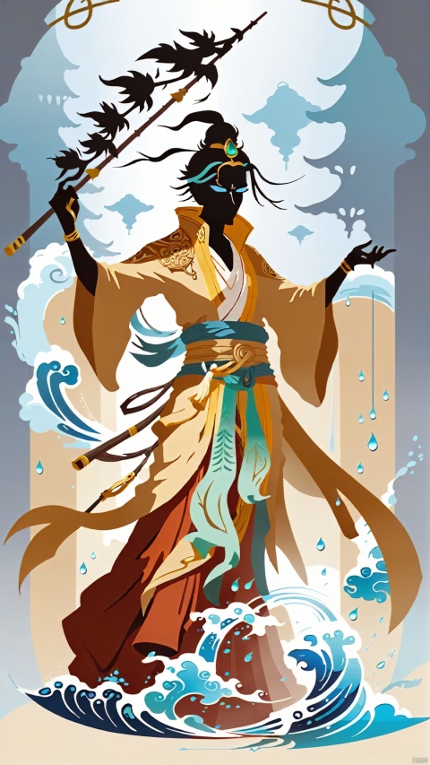 (Character Design) Design silhouette and the beauty of the mysterious ancient wind fusion (silhouette poster style) poster, the silhouette of an ancient wind walker looks unique. He is dressed in a flowing robe, the corners of which flutter with the rainy night breeze. The walker holds a long staff with an ancient charm embedded in the top of the staff. Raindrops leave delicate water marks on the walker's turban, outlining his upright face, which is shaped like a square melon face.
