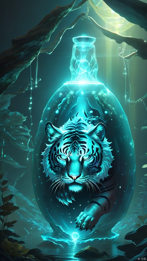 (a giant fantasy ([bottle|tiger]: 1.5) creature), supernatural energy, glowing, small and transparent, releasing a shimmering light, like an underwater light