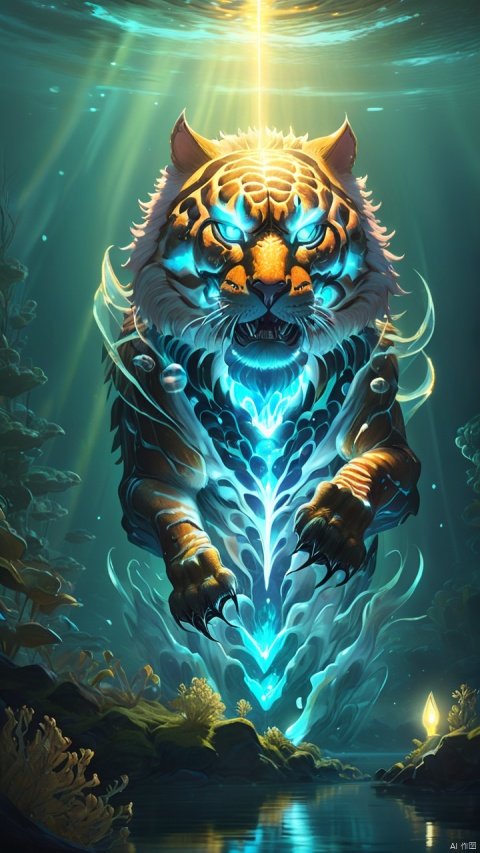 (a giant fantasy ([cup|tiger]) creature), supernatural energy, glowing, small and transparent, releasing a shimmering light, like an underwater light