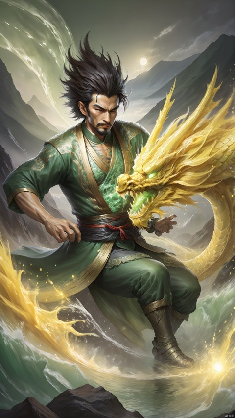 (Ultra-realistic style) man with light effects oriental dragon, green mountains and poetic water