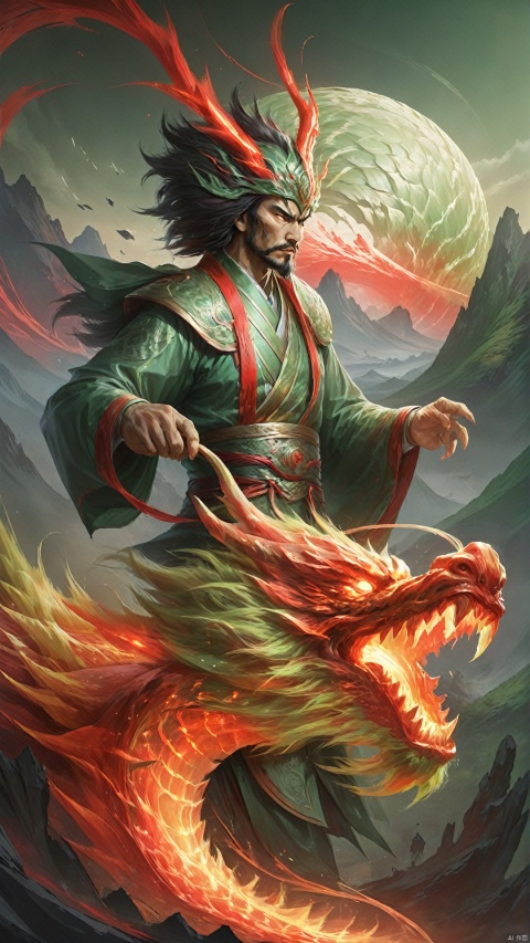 (Ultra-realistic style) (flux art: 1.5) (ancient style man with red light effect flux oriental dragon), green mountains and poetic landscape