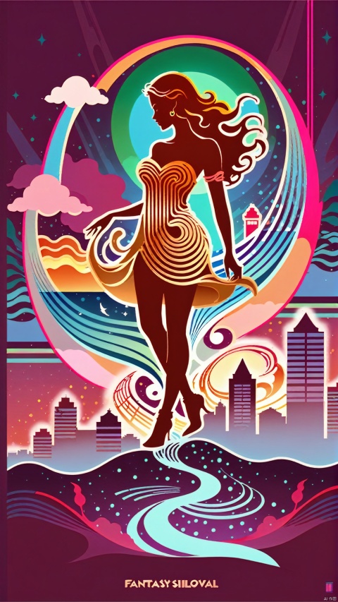 (Fantasy Silhouette Illustration Design: 1.3) (Minimalist Poster Style) This poster design promotes a mysterious music festival with a mysterious neo-new national wave of ancient rhythms. In the design, silhouettes of buildings and streets are illuminated by neon light to form unique musical note forms, and rainwater dances across the canvas in flowing musical note silhouettes. The whole poster presents a night at a mysterious new national wave music festival, exuding a strong music and art vibe!