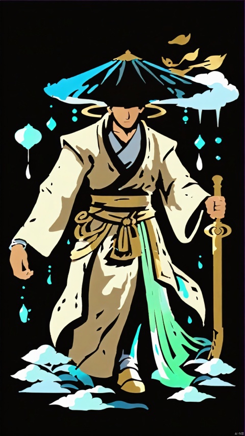 (Ancient Style Illustration Character Design) Design Silhouette and Mysterious Ancient Style Beauty Fusion (Simplified Silhouette Poster Style) In the poster, the silhouette of a walker in the ancient style looks unique. He is dressed in a flowing robe, the corners of which flutter with the rainy night breeze. The walker holds a long staff with an ancient charm embedded in the top of the staff. Raindrops leave delicate water marks on the walker's turban, outlining his upright face, which is shaped like a square melon face.