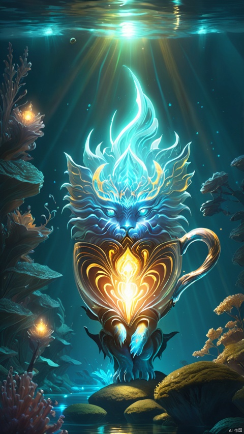 (a giant fantasy ([cup|tiger]) creature), supernatural energy, glowing, small and transparent, releasing a shimmering light, like an underwater light