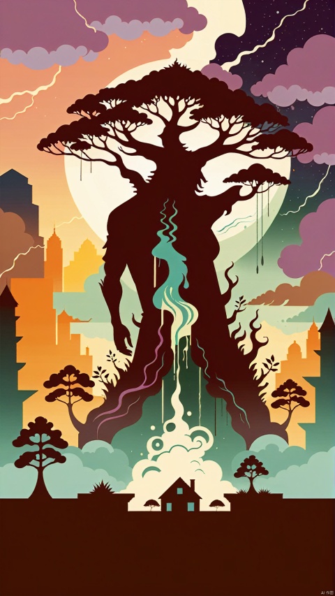 (Conceptual Silhouette Illustration Design: 1.3) (Minimalist Silhouette Poster Style) An aberration of an interdimensional creature. The forms of buildings and plants are distorted into bizarre creature shapes, and rainwater flows through the image in a conceptual silhouette. The entire illustration creates a conceptual silhouette of an interdimensional creature, giving the viewer a sense of existence beyond the norm.