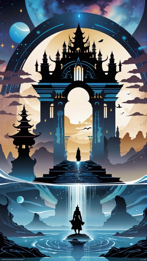 (Fantasy Silhouette Illustration Design: 1.3) (Minimalist Poster Style) The ancient rhythmic elements of the new state of the art are depicted as a mysterious portal to an interdimensional wonderland. The silhouette forms of buildings and streets show the ancient and mysterious beauty in the reflection of the portal, and rainwater dances in the picture in the form of the portal's silhouette. The whole illustration presents a mysterious portal night in the new national wave wonderland, leading the viewer to travel to a wonderful space beyond reality!