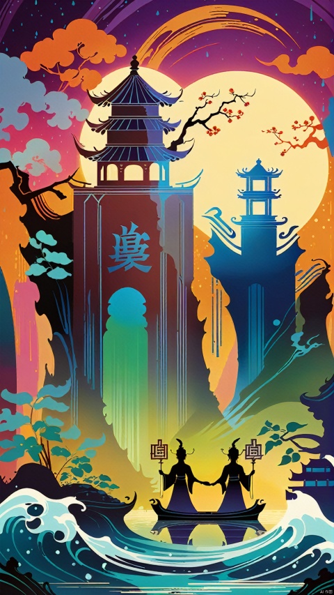 (Fantasy Silhouette Illustration Design: 1.3) (Minimalist Poster Style) In this fantasy silhouette illustration, the ancient charm elements of the New National Wave are interpreted as a stage for light and shadow sprites. The silhouettes of buildings and plants show a unique ancient charm in a mysterious glow, and rainwater flows on the canvas in the form of light and shadow. The whole illustration breaks the mould and creates a night of New China Wave interpreted by light and shadow elves, exuding an enchanting beauty of illusion and ghost.