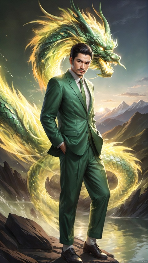 (Ultra-realistic style) (Fluxus Art: 1.5) (Leisure Suit Man with Light Effect Fluxus Oriental Dragon), Green Mountains and Green Water Poetry