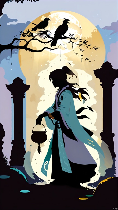 (Ancient Style Illustration Character Design) Design Silhouette and Mysterious Ancient Style Beauty Fusion (Simplified Silhouette Poster Style) In the image, the silhouette of an ancient style healer shows serenity and wisdom. Dressed in ancient healer's clothes, the healer walks in the rainy night with a basket of herbs in his hand. The rain drips off the brim of the healer's hat, outlining her benevolent face. The healer's face is oval in shape, revealing a deep sense of healing.