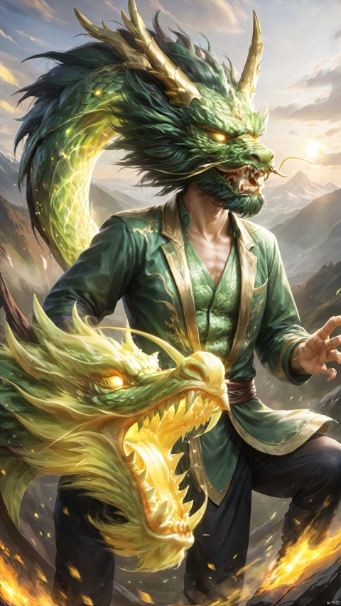 (Ultra-realistic style) (Fluxus Art: 1.5) (Man with light effects fluxus Oriental Dragon), green mountains and poetic landscape