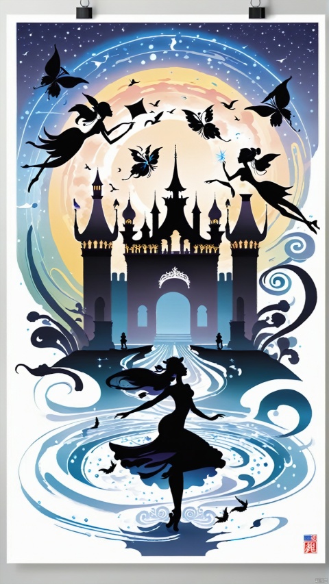 (Fantasy Silhouette Illustration Design: 1.3) (Minimalist Poster Style) The ancient rhythmic elements of the new national wave are depicted as a night of fairy spirit dance. The silhouettes of buildings and streets present beautiful classical outlines as the fairy spirit dancers dance, and rainwater flows through the picture in the form of silhouettes of fairy spirit dancers. The whole illustration presents a night of fairy dance, giving the viewer an ethereal and mysterious experience!