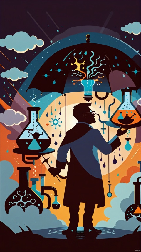 (Fantasy Cartoon Illustration Design: 1.3) (Minimalist Silhouette Poster Style) The illustration shows a cartoonishly celestial silhouette of a scientist on a rainy night. The scientist wears an exaggerated lab coat and holds bizarre instruments as he conducts experiments on a rainy night. The rain creates interesting shapes in the scientist's hair, and the whole image reveals a cartoon-like scientific spectacle!