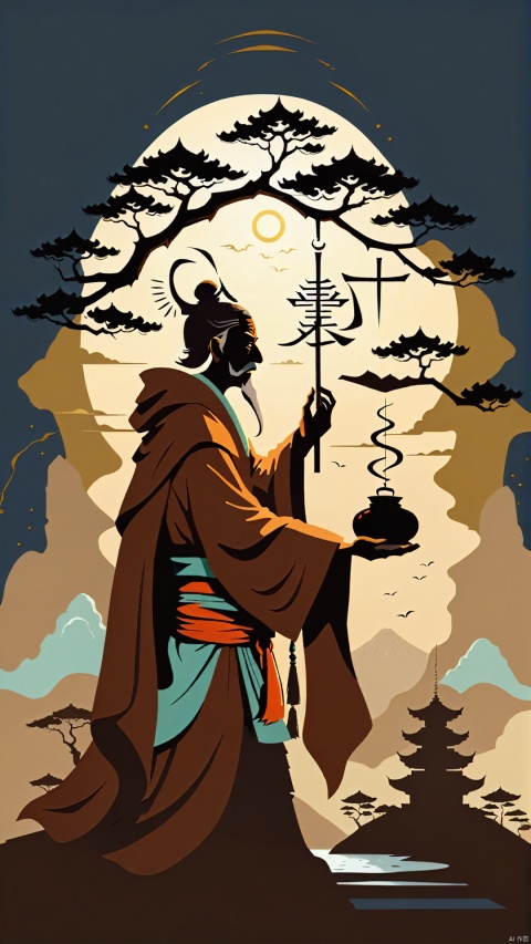 (Ancient Style Illustration Character Design) Design Silhouette and Mysterious Ancient Style Beauty Fusion (Simplified Silhouette Poster Style) In the picture, the silhouette of an ancient style patriarch is like a recluse in the mountains. The master is wearing a wide robe and holding a whisk as he sits in meditation on a rainy night. The rain forms simple but powerful lines on the whisk, depicting his contemplative expression. The patriarch's face is square in shape, revealing a deep and transcendent realm