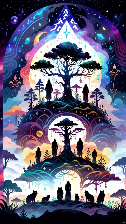 (Metaphysical Silhouette Illustration Design: 1.3) (Minimalist Thick Paint Style) A new state-of-the-art ancient rhythms of an otherworldly night illustration. The silhouettes of strange creatures and plants show outlines beyond reality under the colourful starry sky, and rainwater in the form of mysterious runes forms a gorgeous pattern on the canvas