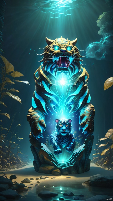 (a giant fantasy ([bottle|tiger]: 1.5) creature), supernatural energy, glowing, small and transparent, releasing a shimmering light, like an underwater light