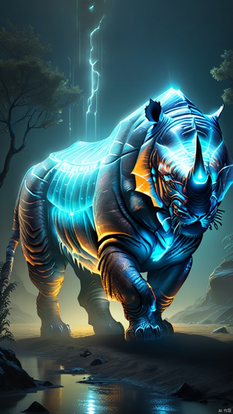 (a giant fantasy [rhinoceros|tiger] creature), paranormal energy, glowing, small and transparent, releases a shimmering light like an underwater lamp