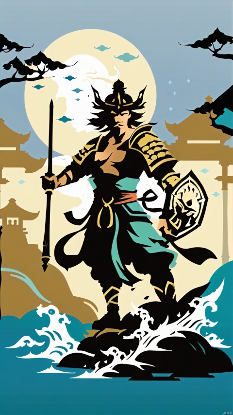 (Ancient Style Illustration Character Design) Design Silhouette and Mysterious Ancient Style Beauty Fusion (Simplified Silhouette Poster Style) The image shows a silhouette of an ancient style warrior walking like a painting. The warrior is dressed in ancient warrior armour, holding a long sword as he performs martial arts in the rainy night. The rain creates clear water marks on the warrior's blade, depicting his stoic face. The warrior's face is square in shape, revealing a warrior's valour.