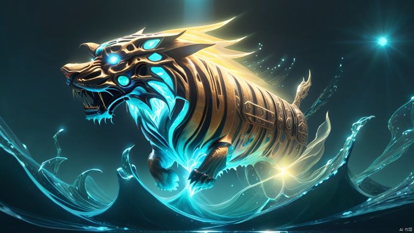(a giant fantasy ([ship|tiger]: 1.5) creature), supernatural energy, glowing, small and transparent, releasing a shimmering light like an underwater lamp