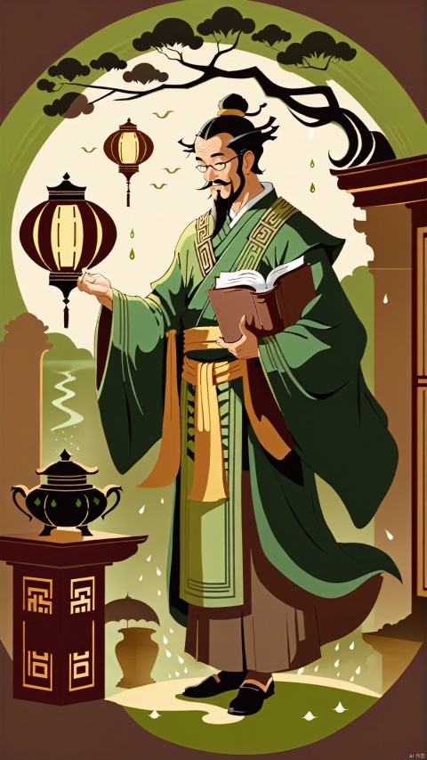 (Ancient Style Illustration Character Design) In the picture, the silhouette of an ancient style scholar reveals the elegance of the literati. Dressed in a green shirt, the scholar is chanting in the rainy night, holding a scholar's treasures. The rain forms smooth lines on the scholar's ink text, depicting his calm demeanour. The scholar's face has an oval shape, revealing a scholarly elegance