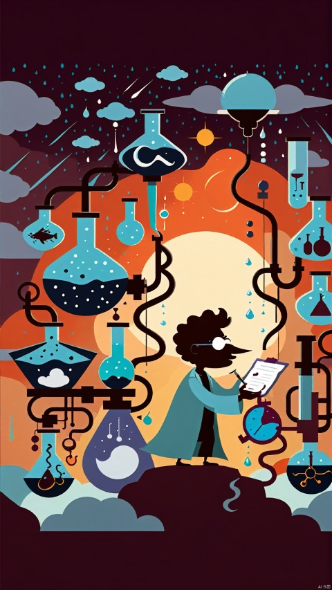 (Fantasy Cartoon Illustration Design: 1.3) (Minimalist Silhouette Poster Style) The illustration shows a cartoonishly celestial silhouette of a scientist on a rainy night. The scientist wears an exaggerated lab coat and holds bizarre instruments as he conducts experiments on a rainy night. The rain creates interesting shapes in the scientist's hair, and the whole image reveals a cartoon-like scientific spectacle!