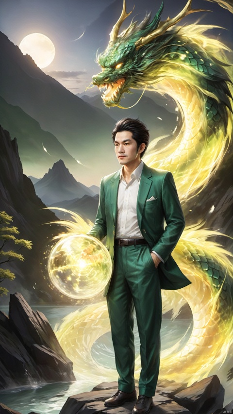 (Ultra-realistic style) (Fluxus Art: 1.5) (Leisure Suit Man with Light Effect Fluxus Oriental Dragon), Green Mountains and Green Water Poetry