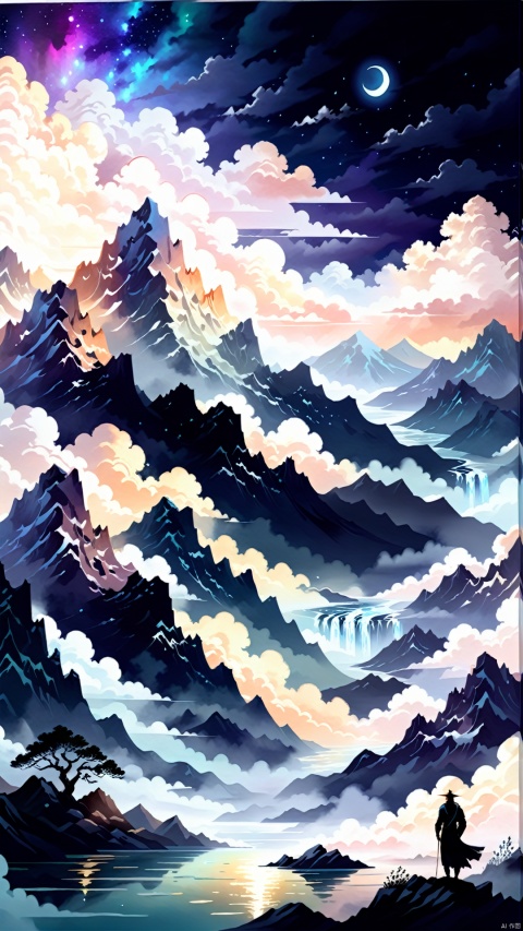 (Metaphysical Silhouette Illustration Design: 1.3) (Minimalist Thick Paint Style) National Tide Ancient Rhythm of Clouds, Mist, Mountains and Rivers at Night Illustration. The silhouettes of mountains and rivers and clouds show a dreamy and grandiose silhouette in the pale moonlight, and the rainwater takes the form of clouds and mist to form a dreamlike pattern on the canvas. The overall design aims to create the mystery and grandeur of the clouds and mountains at night, presenting a superb yet dreamy scene.