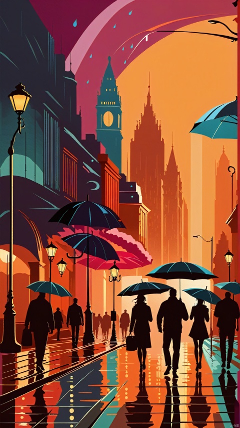 (Fantasy Realistic Illustration Design: 1.3) (Minimalist Silhouette Poster Style) In the realistic illustration, silhouettes of pedestrians on a city street form a unique image of a rainy night. Pedestrians walk hurriedly by wearing umbrellas, and rainwater forms clear droplets on the silhouettes of the umbrellas. The lights from the streetlamps outline the streets through the rain, and the whole illustration presents a realistic and quiet city night scene.