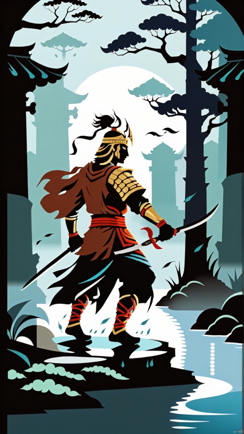 (Ancient Style Illustration Character Design) Design Silhouette and Mysterious Ancient Style Beauty Fusion (Simplified Silhouette Poster Style) The image shows a silhouette of an ancient style warrior walking like a painting. The warrior is dressed in ancient warrior armour, holding a long sword as he performs martial arts in the rainy night. The rain creates clear water marks on the warrior's blade, depicting his stoic face. The warrior's face is square in shape, revealing a warrior's valour.