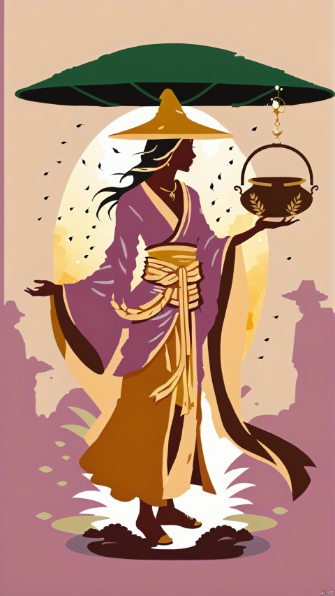 (Ancient Style Illustration Character Design) Design Silhouette and Mysterious Ancient Style Beauty Fusion (Simplified Silhouette Poster Style) In the image, the silhouette of an ancient style healer shows serenity and wisdom. Dressed in ancient healer's clothes, the healer walks in the rainy night with a basket of herbs in his hand. The rain drips off the brim of the healer's hat, outlining her benevolent face. The healer's face is oval in shape, revealing a deep sense of healing.