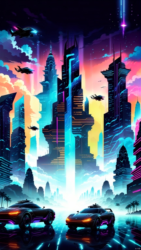 (Metaphysical Silhouette Illustration Design: 1.3) (Minimalist Thick Paint Style) New National Ancient Rhythmic Future Urban Night Illustration. Silhouettes of skyscrapers and flying cars show a technological silhouette in the bright neon light, and rainwater forms a futuristic pattern on the canvas in the form of digital streaming light