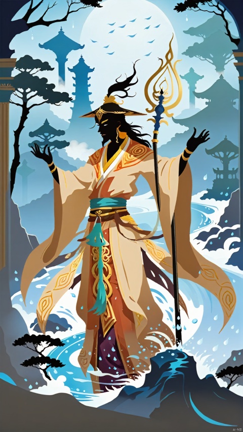(Character Design) Design silhouette and the beauty of the mysterious ancient wind fusion (silhouette poster style) poster, the silhouette of an ancient wind walker looks unique. He is dressed in a flowing robe, the corners of which flutter with the rainy night breeze. The walker holds a long staff with an ancient charm embedded in the top of the staff. Raindrops leave delicate water marks on the walker's turban, outlining his upright face, which is shaped like a square melon face.