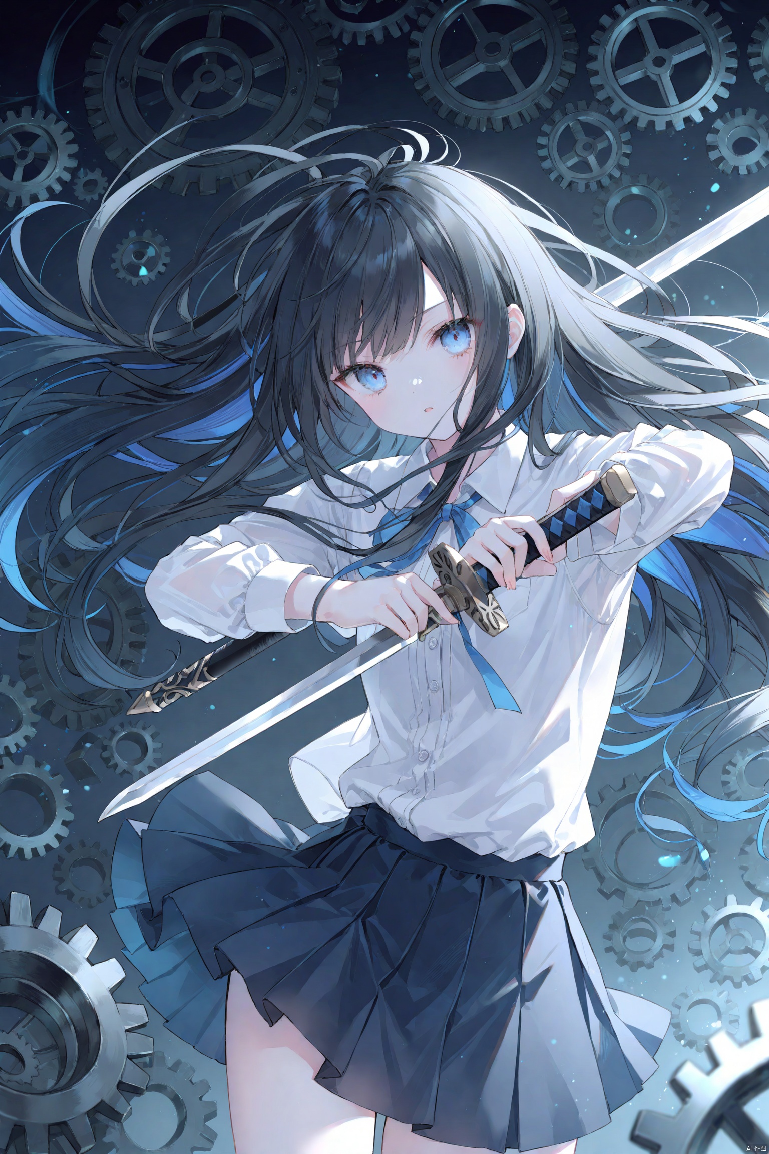  masterpiece,best quality,high quality,(colorful),[Artist onineko],[Artist chen bin],[Artist agwing86],Artist xukong, 1girl, solo, weapon, long hair, blue eyes, holding weapon, sword, holding, holding sword, looking at viewer, black hair, skirt, shirt, white shirt, long sleeves, gears