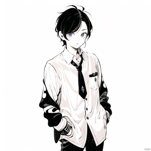  1boy,black school uniform,black hair,A white shirt,solo,flat color, PSstyle,Hands in pockets.
White background.