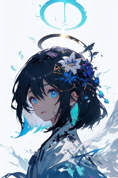 1girl, solo, looking at viewer, short hair, bangs, blue eyes, black hair, hair ornament, white background, hair between eyes, closed mouth, blue hair, upper body, flower, multicolored hair, wings, hair flower, from side, halo, colored inner hair, abstract