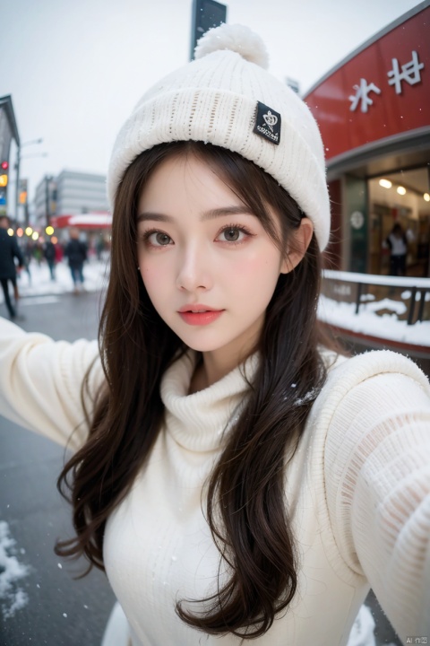  1girl,Exaggerated perspective,upper body,ultra wide shot,reaching out hand,foreshortening,on the tokyo street,realistic,highres,female focus,solo,snowy day,scarf,hat,flying snow,fish-eye len,fish eye low angle,POV,CLOSE UP SELFIE, depth of field