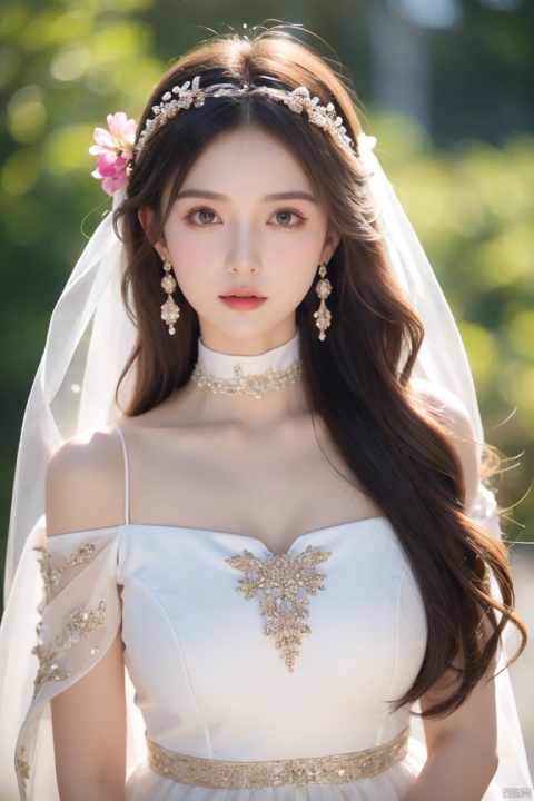  A girl, silk, cocoon, spider web, solo, complex details, color difference, reality, (moderate breathing), off shoulder, eight fold goddess, pink long hair, white headdress, hair in more than one eye, black eyes, earrings, sharp eyes, perfect fit, Choker, dim lighting, cocoon, transparency, a girl, flower, looking at the camera, flowing dress, huge flower