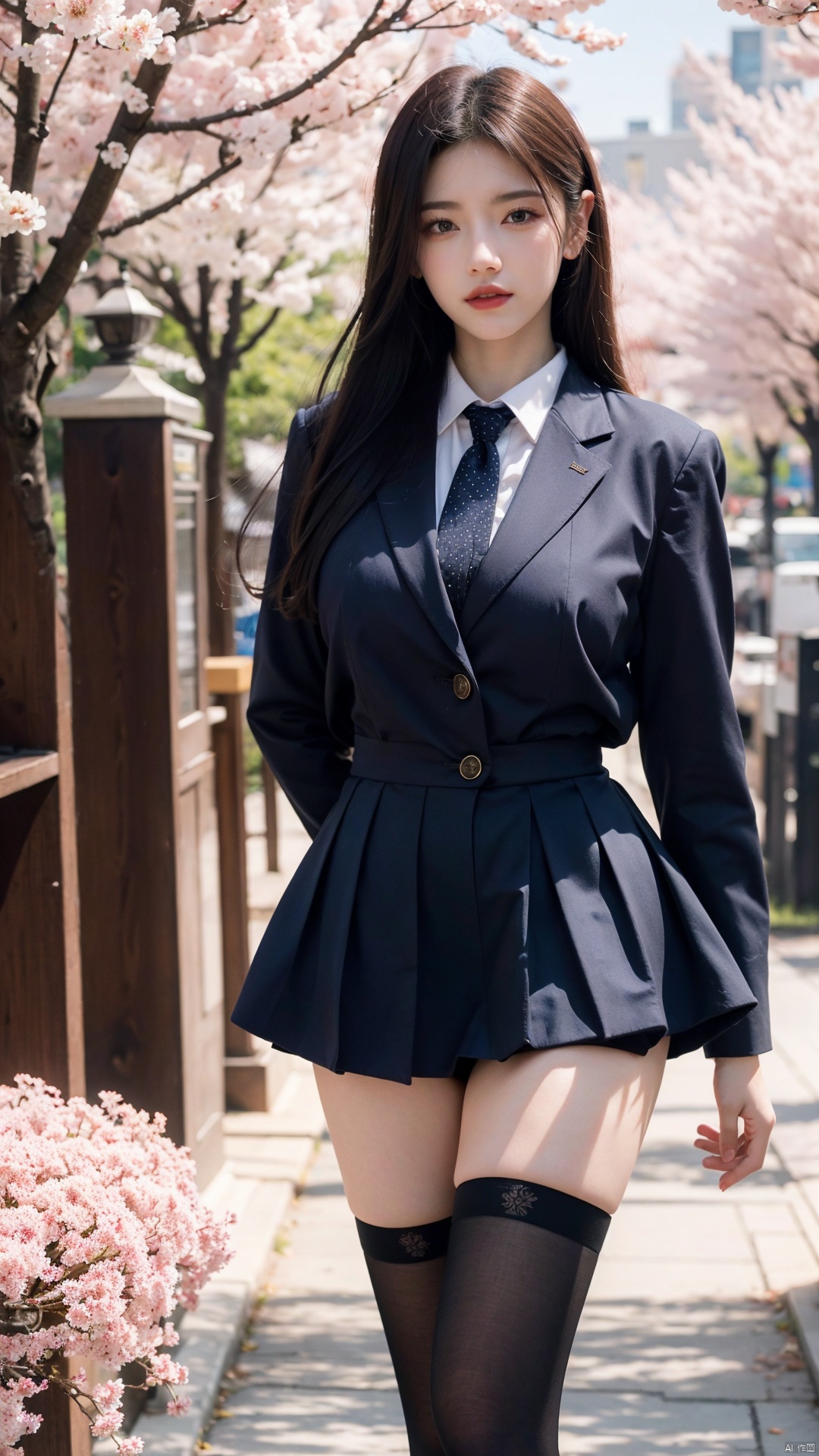  1girl,eye contact,sunlight,(JK_suit),JK_style,(dark blue JK_skirt),standing,arms behindback,white thighhighs,3d,unity 8k wallpaper,ultra detailed,beautiful and aesthetic,cherry blossoms,depth of field:1.5,black pantyhose,huge filesize,photo_(medium),reality,high quality,highres,(big breasta:1.36)