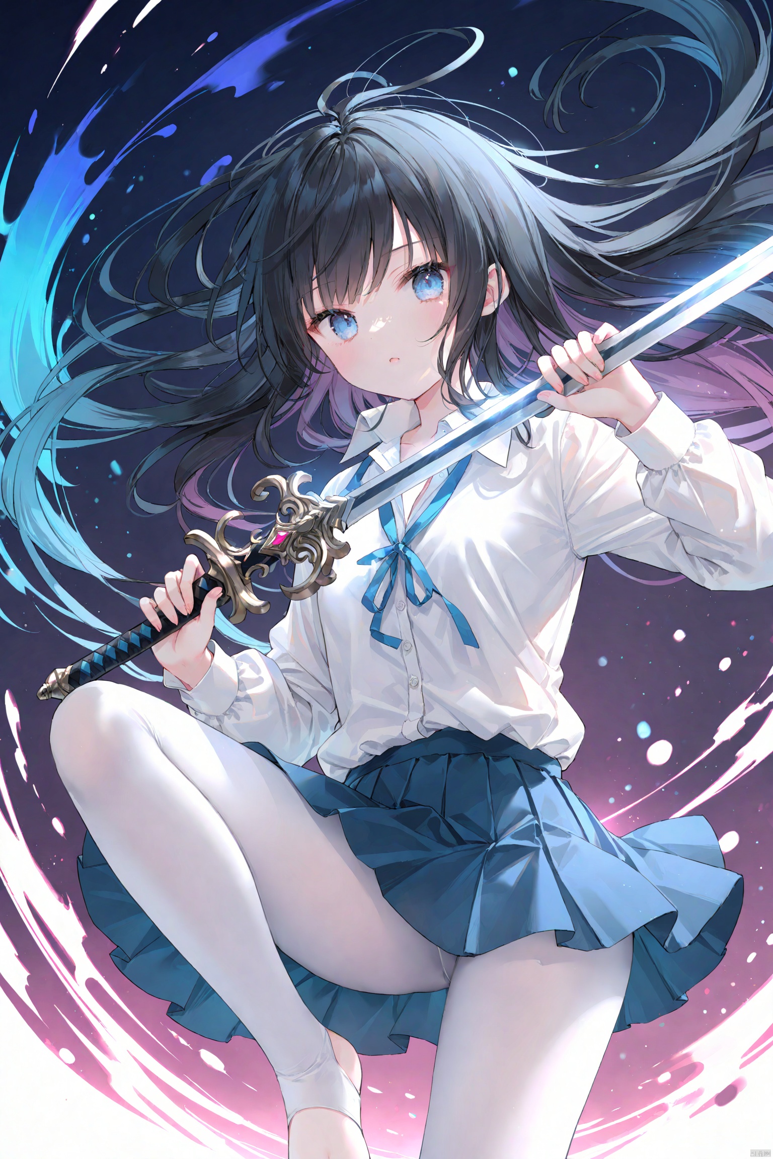  masterpiece,best quality,high quality,(colorful),[Artist onineko],[Artist chen bin],[Artist agwing86],Artist xukong, 1girl, solo, weapon, long hair, blue eyes, holding weapon, sword, holding, holding sword, looking at viewer, black hair, skirt, shirt, white shirt, long sleeves, white pantyhose,toeless_legwear