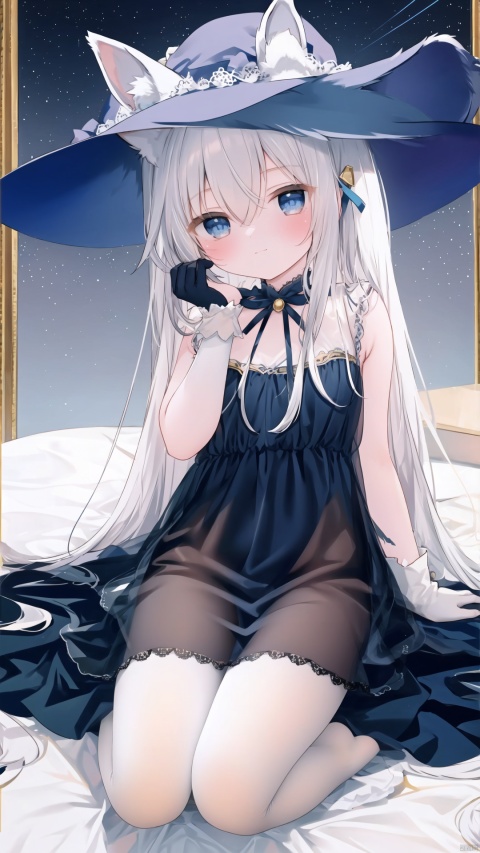 1girl, pleasant, loli, solo, animal ears, (horse ears:1.4), perfect face, round face, (perfect hands), (long straight hair), hair ornament, blue rose, bangs, hair between eyes,closed mouth, gentle smile, witch hat, (halter neck, strapless dress, sleeveless dress, (see-through)), covered breasts, bare shoulder, sleeveless), gown, neck jewelry, lace, elegant, elbow gloves, gold_trim,white pantyhose,toeless_legwear, full body, sitting in the sky,head slit, small breasts, starry sky, night