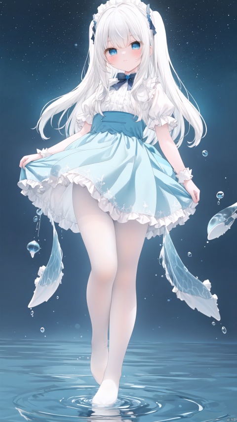 Multi layer white lace skirt,on water surface, full body picture, white,pantyhose,stepping on the water surface, ripples, falling from the sky to the water surface, white haired blue eyed girl, jellyfish head, two strands of long hair, starry sky, dancing posture, blue courtesy, toeless_legwear