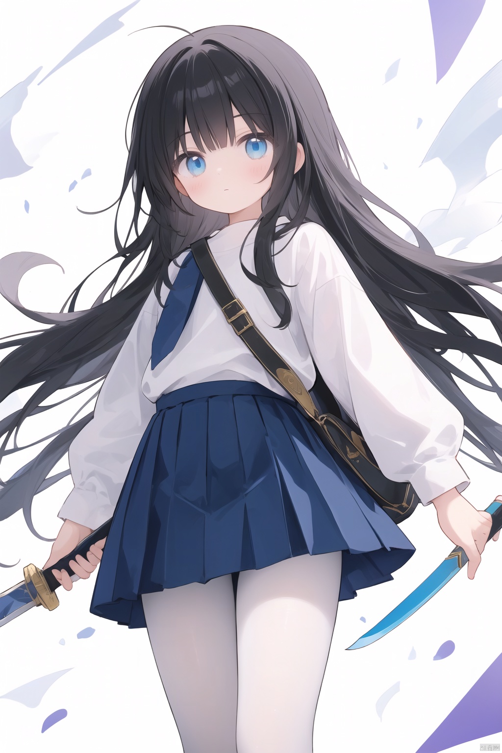  masterpiece,best quality,high quality,(colorful),[Artist onineko],[Artist chen bin],[Artist agwing86],Artist xukong, 1girl, solo, weapon, long hair, blue eyes, holding weapon, sword, holding, holding sword, looking at viewer, black hair, skirt, shirt, white shirt, long sleeves, white pantyhose,toeless_legwear