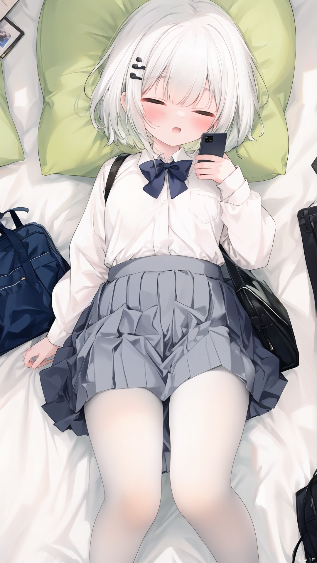 masterpiece,best quality,high quality,(colorful),[Artist onineko],[Artist chen bin],[Artist agwing86],Artist minato ojitan, 1girl, solo, lying, phone, on back, cellphone, skirt, closed eyes, bow, pillow, smartphone, white pantyhose, shirt, hair ornament, pleated skirt, sleeping, earphones, white shirt, school uniform, on bed, indoors, long hair, bowtie, blush, bed, hairclip, toeless_legwear, long sleeves, grey skirt, earbuds, breasts,open mouth, bag, school bag, collared shirt, no shoes, open skirt, small breasts, wooden floor, from above, black bowtie, white hair,green hair,hair ornament, gradient hair