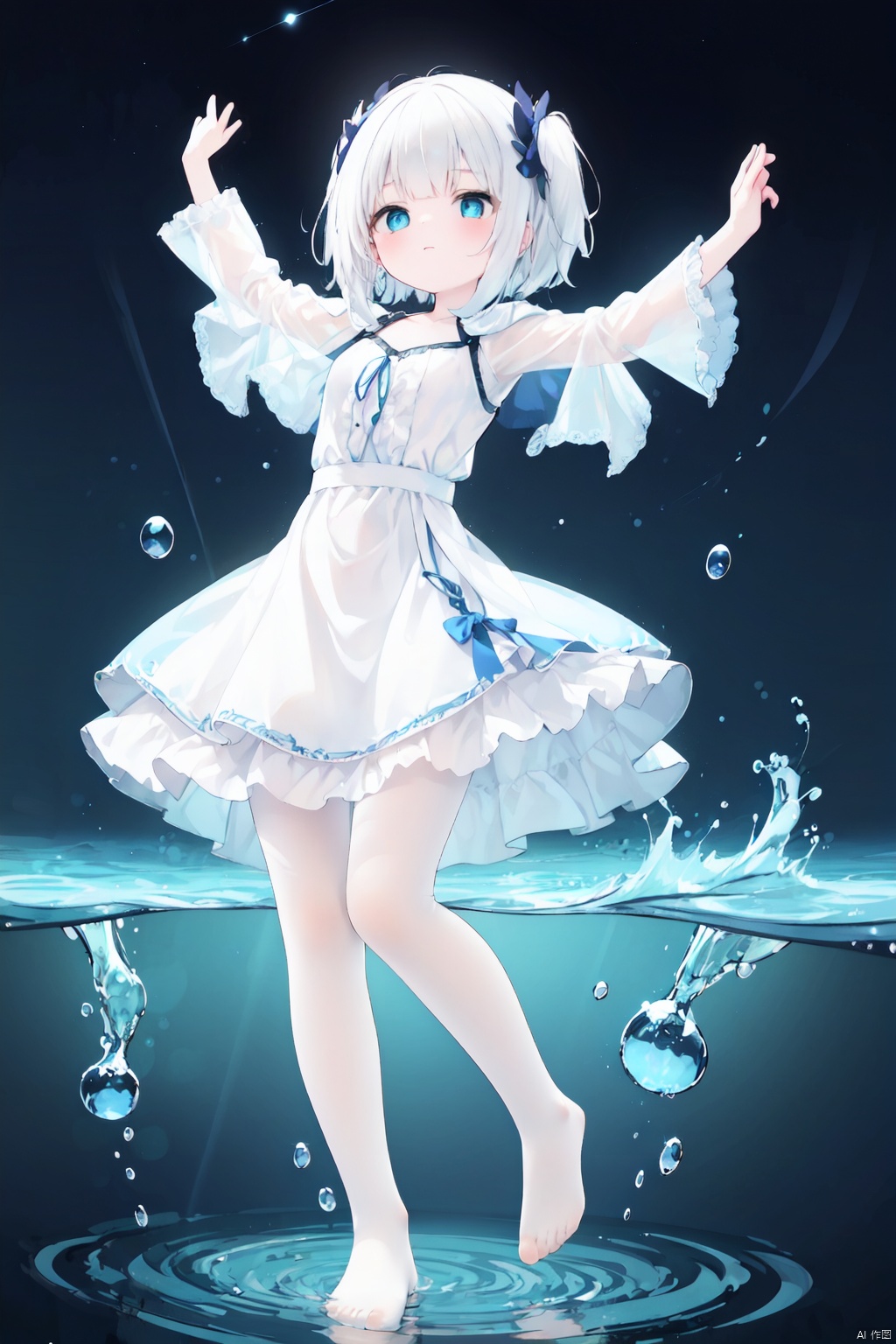 Multi layer white lace skirt,on  water surface, full body picture, white,pantyhose,stepping on the water surface, ripples, falling from the sky to the water surface, white haired blue eyed girl, jellyfish head, two strands of long hair, starry sky, dancing posture, blue courtesy, toeless_legwear