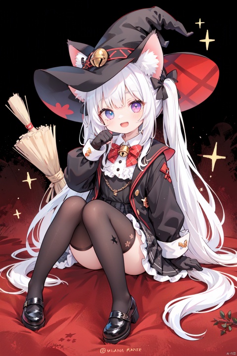 1girl, solo, long hair, looking at viewer, smile, open mouth, bangs,red eyes, thighhighs, gloves, long sleeves, hat, sitting, very long hair, purple eyes, full body, white hair, black dress, black headwear, bell, witch hat, heterochromia,  broom, ghost, witch, broom riding,cat tail, plaid, tail ornament, animal ears, cat ears, plaid, white pantyhose, argyle