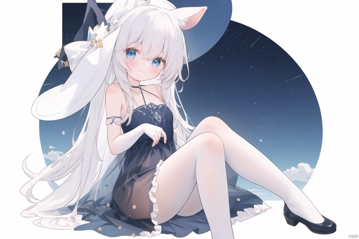 1girl, pleasant, loli, solo, animal ears, (horse ears:1.4), perfect face, round face, (perfect hands), (long straight hair), hair ornament, blue rose, bangs, hair between eyes,closed mouth, gentle smile, witch hat, (halter neck, strapless dress, sleeveless dress, (see-through)), covered breasts, bare shoulder, sleeveless), gown, neck jewelry, lace, elegant, elbow gloves, gold_trim,white pantyhose,toeless_legwear, full body, sitting in the sky,head slit, small breasts, starry sky, night