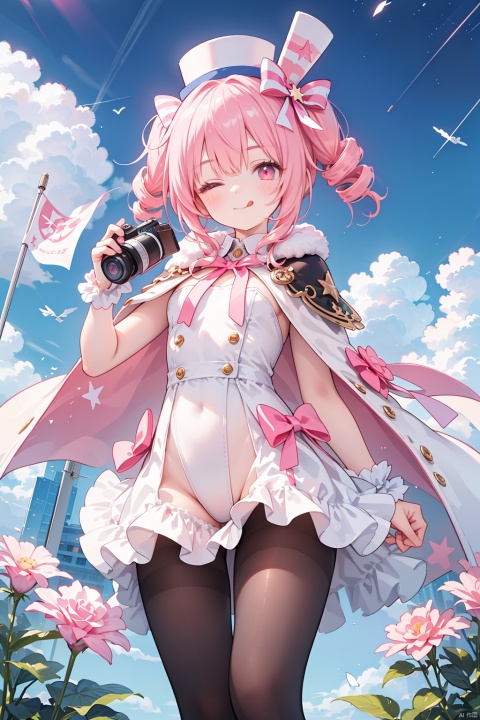 1girl, solo, one eye closed, pink hair, hat, smile, pantyhose, ribbon, pink eyes, leotard, bow, flower, leg ribbon, cape, striped, flag, pink leotard, holding, star (symbol), drill hair, tongue out, tongue, top hat, sky, rose, thigh ribbon, short hair, blush, fence, polka dot, frills, ;q, string of flags, binoculars, camera, star (sky), vertical stripes, twin drills