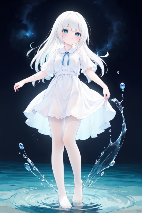 Multi layer white lace skirt,on water surface, full body picture, white,pantyhose,stepping on the water surface, ripples, falling from the sky to the water surface, white haired blue eyed girl, jellyfish head, two strands of long hair, starry sky, dancing posture, blue courtesy, toeless_legwear